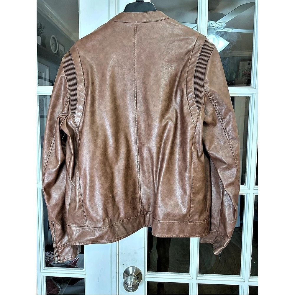 GUESS Brown Faux Leather Moto Jacket Mens Large Zip Front Snap Collar 119AU407 - Picture 2 of 9